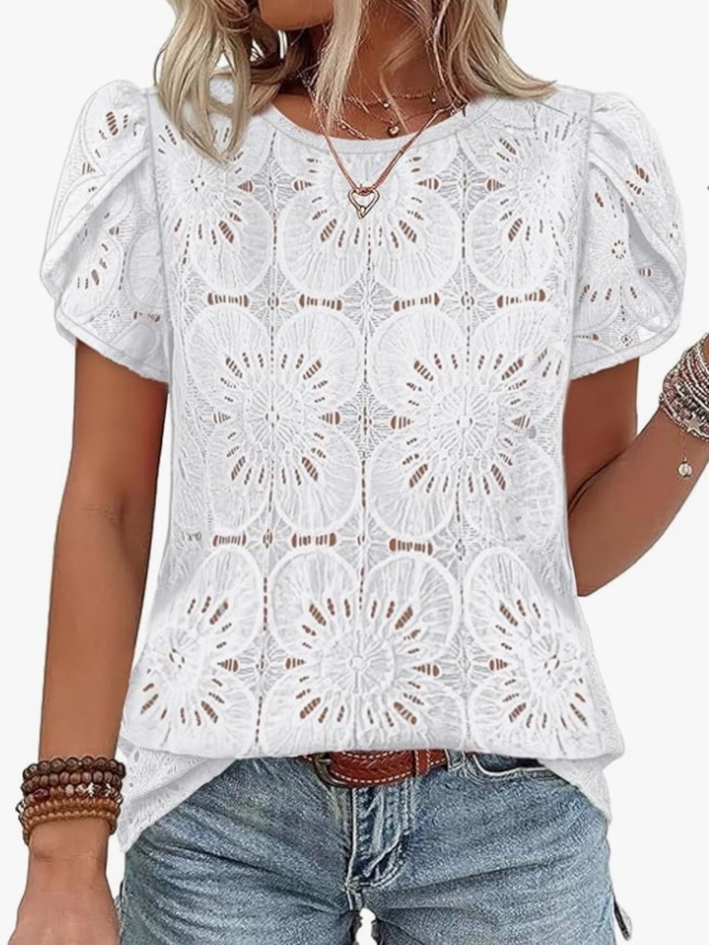 White Lace Crochet Blouse with Puff Sleeves, Size Small